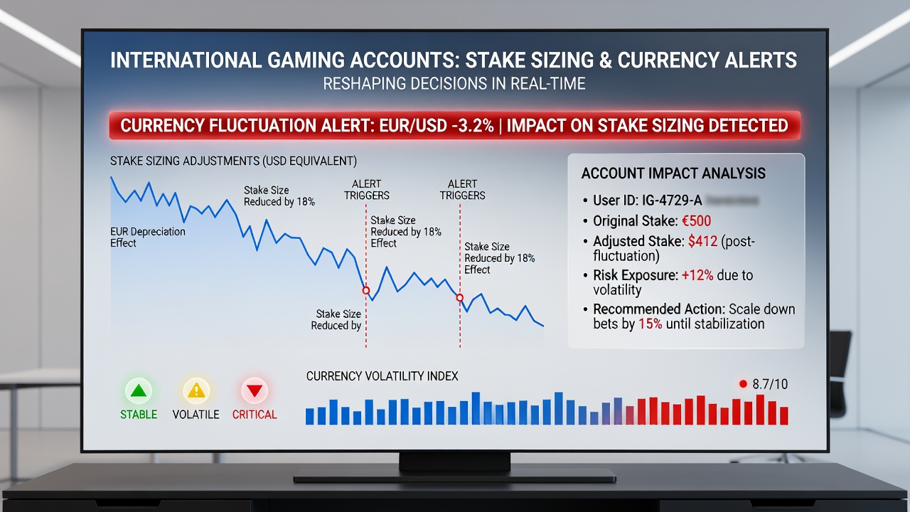 Dashboard showing real-time currency fluctuation alerts and stake adjustment options in an international gaming account interface