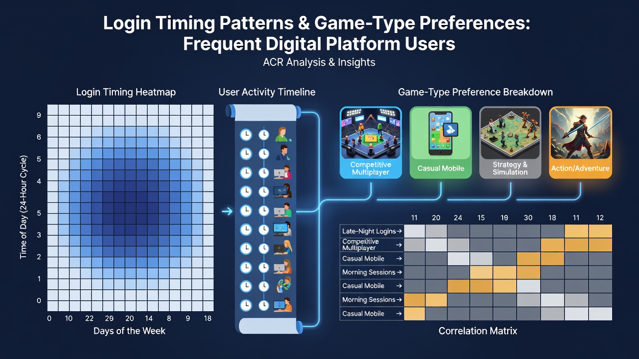 Analysis charts showing correlations between login times and preferred game genres worldwide