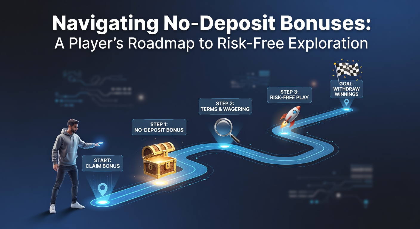 A digital roadmap illustrating paths to no-deposit bonuses with casino icons and bonus symbols glowing along the way