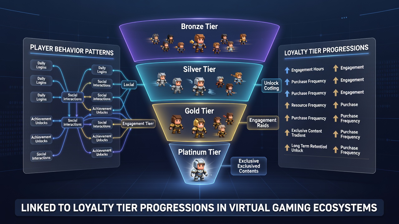 Visualization of player progression through loyalty tiers in virtual gaming environments showing engagement metrics and tier advancement paths