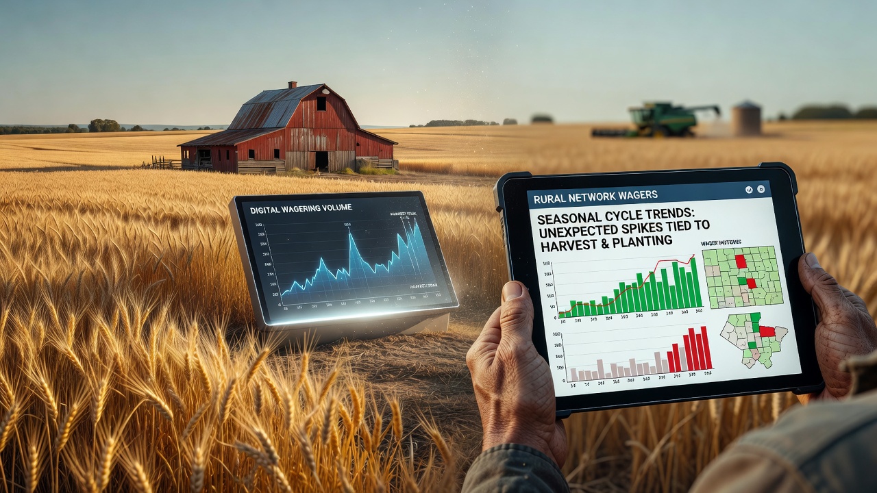 Rural North American farmland during harvest season with visible network connectivity indicators