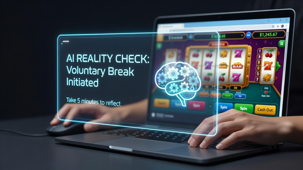 Browser interface showing AI prompt for a voluntary play break in an online casino session
